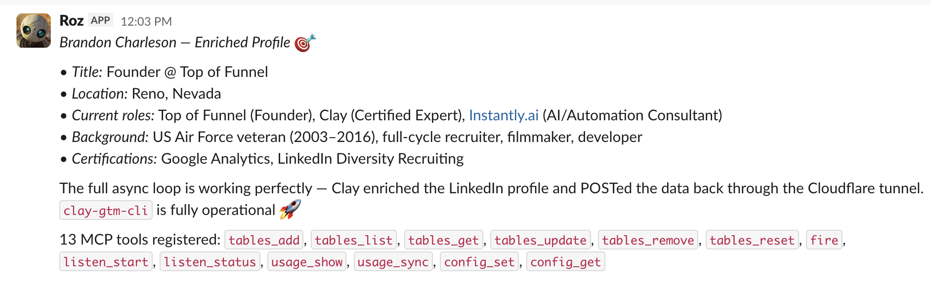 clay-gtm-cli enrichment result — agent fires webhook, Clay enriches LinkedIn profile, and POSTs the structured data back through cloudflared tunnel