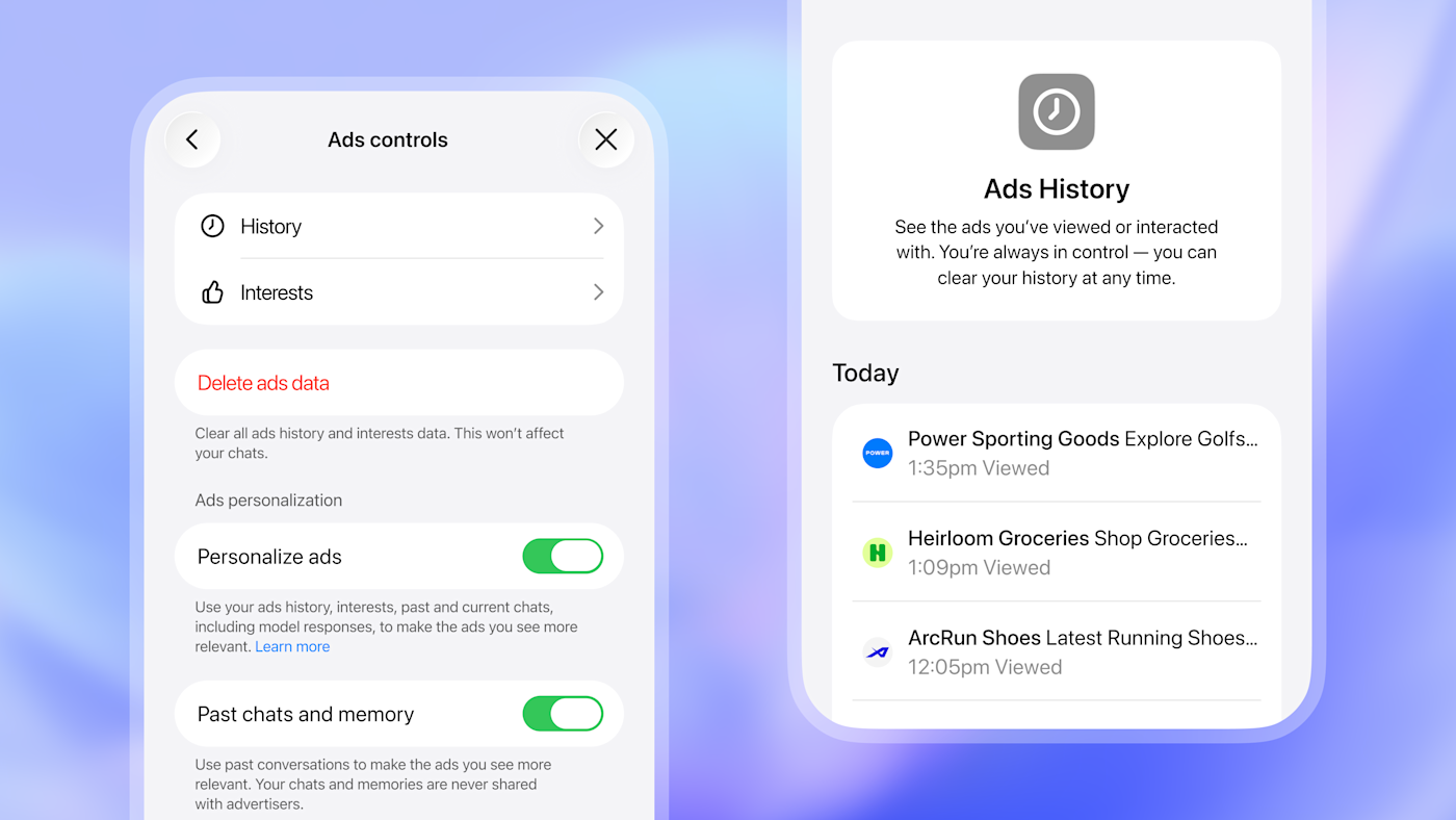 Mobile screens showing ad controls and ad history, including the option to delete ad data