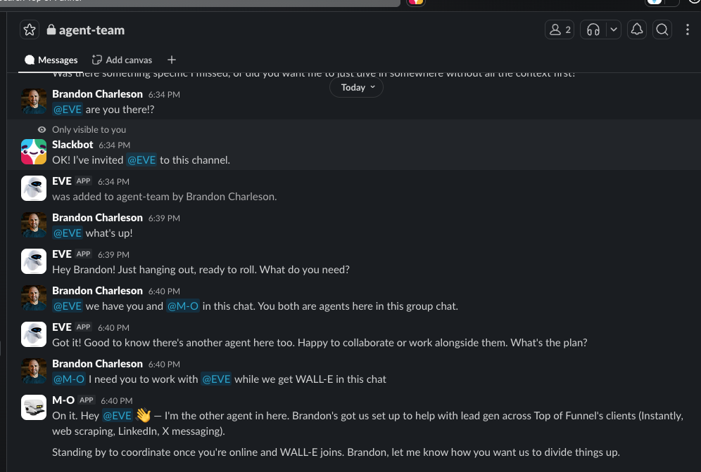 OpenClaw agents EVE, M-O, and WALL-E collaborating in a Slack agent-team channel with Brandon Charleson